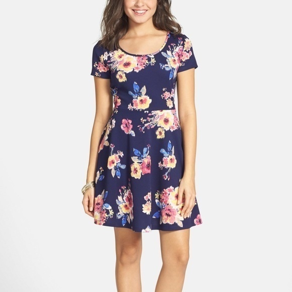 Frenchi (R) Floral‎ Print Skater Dress NAVY FLOWER - Picture 1 of 7